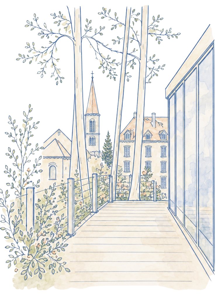 Le domaine dessiné à l’aquarelle : la passerelle en bois, le clocher et la verrière de l’orangerie